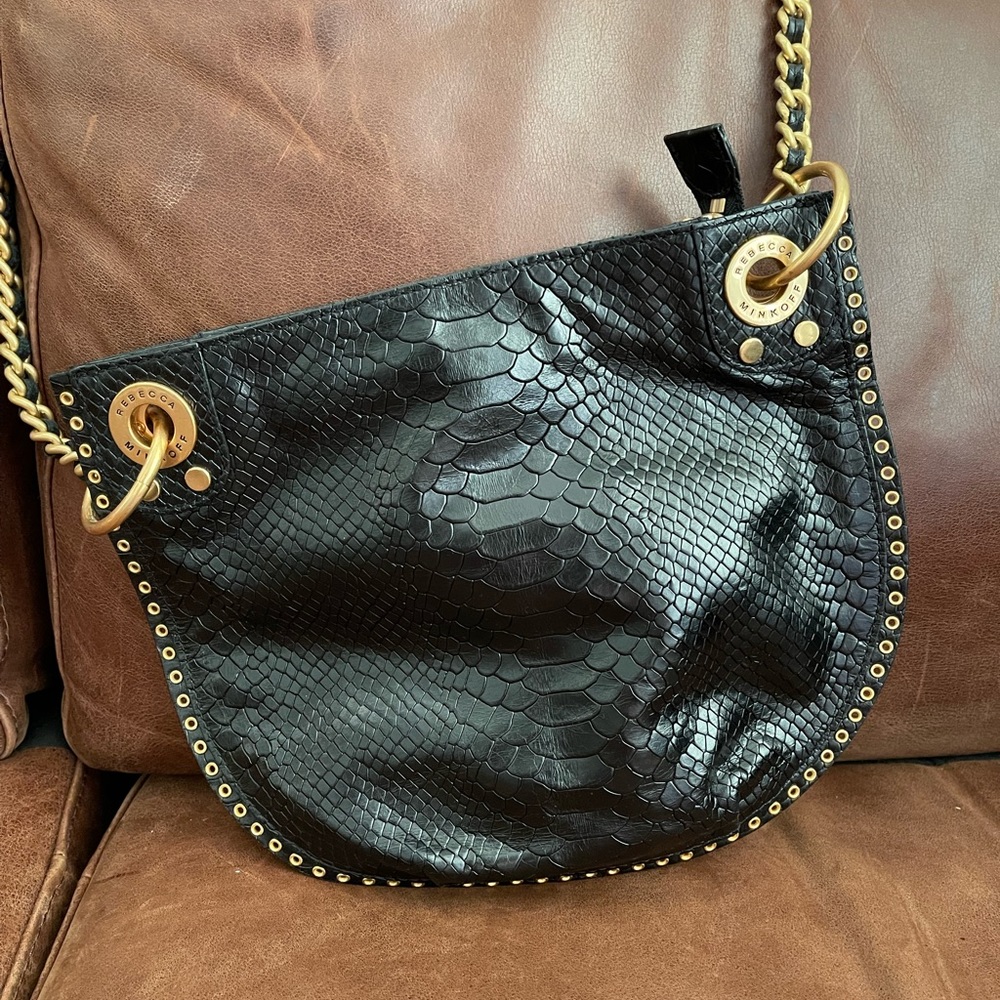 Like-new black faux snakeskin Rebecca Minkoff bag with long gold and black chain